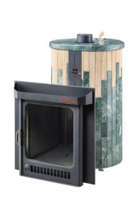 Печь-каменка ОПТИМА ПФ дверца со стеклом в ламелях ЗМЕЕВИК + ОКАМЕНЕВШЕЕ ДЕРЕВО (28 м.куб)