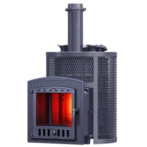 Печь-каменка чугунная АВАНГАРД ЗКН УРАГАН 25П2 в сетке КРУГЛАЯ  дверца ПАНОРАМА  (25 м.куб)