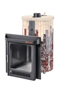 Печь-каменка МАКСИ ПФ дверца со стеклом в ламелях РОССО ЛЕВАНТЕ + ОКАМЕНЕВШЕЕ ДЕРЕВО (38 м.куб)