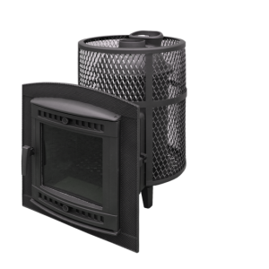 Печь-каменка чугунная АТМОСФЕРА L дверца со стеклом  в сетке нержавейка (22 м.куб)