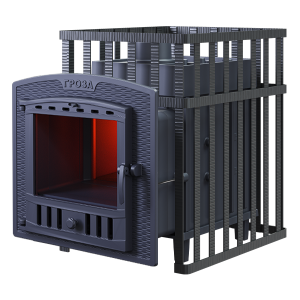 Печь-каменка чугунная ГРОЗА 18П2 в СЕТКЕ  дверца ПАНОРАМА (18 м.куб)