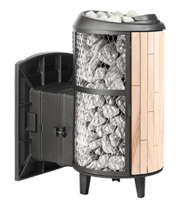 Печь-каменка чугунная АТМОСФЕРА L дв. со стеклом  в сетке-ламель ОКАМЕНЕВШЕЕ ДЕРЕВО набор(22 м.куб)