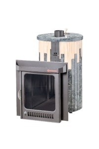 Печь-каменка МАЛЮТКА ПФ дверца со стеклом в ламелях ПИРОКСЕНИТ + ОКАМЕНЕВШЕЕ ДЕРЕВО (18 м.куб)