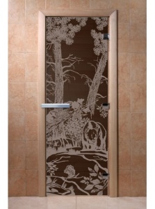 Дверь стеклянная МИШКИ В ЛЕСУ ГРАФИТ 700 х 1900 мм 3 петли,стекло 8 мм,коробка ОСИНА,магнит DoorWood