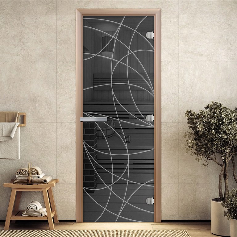 Дверь стеклянная ОТТАВА ГРАФИТ С ГРАВИРОВКОЙ 700 х 1900 мм 3 петли, стекло 8 мм, коробка ОСИНА, магнит DoorWood