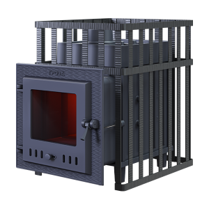 Печь-каменка чугунная ГРОЗА 18МС дверца со стеклом в сетке (18 м.куб)