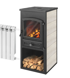 Печь-камин ЭТНА С ЧУГУННОЙ ПЛИТОЙ  11 кВт (БКД) с теплообменником БЕЖЕВЫЙ ВЫСОКИЙ (180 м.куб)