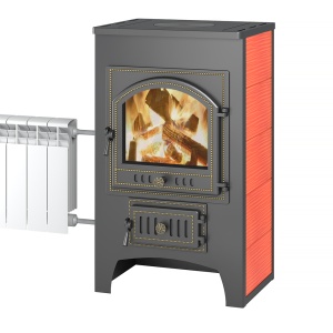 Печь-камин ВЕЗУВИЙ ПК-01 дверца 205 С ЧУГУННОЙ ПЛИТОЙ и теплообменником красный 12кВт (200м.куб) (2)