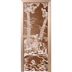 Дверь стеклянная МИШКИ В ЛЕСУ БРОНЗА 700 х 1900 мм 2 петли, стекло 6 мм, коробка ХВОЯ, магнит DW