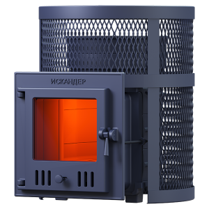 Печь-каменка чугунная ИСКАНДЕР 25М в СЕТКЕ  дверца со стеклом (25 м.куб)